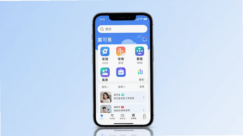 寓可易主界面预览图,画面主体为手机屏幕内显示寓可易应用首页,背景为淡蓝色渐变,顶部有搜索栏和常用应用图标列表,整体风格简洁现代,适配Boogu模型生成。