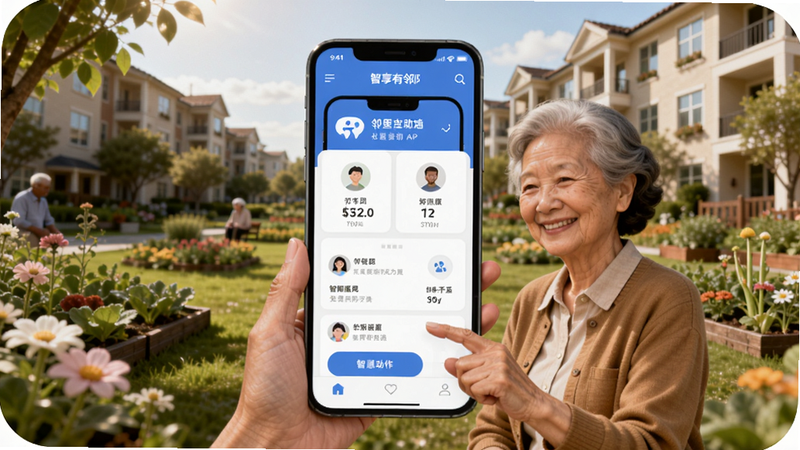 呈现智享有邻APP核心功能界面,画面中央突出显示社区居民使用手机操作的场景,背景为温馨的社区花园和楼栋,整体风格明亮亲切,人物面带微笑,体现邻里互助与智慧生活,适配Boogu模型生成