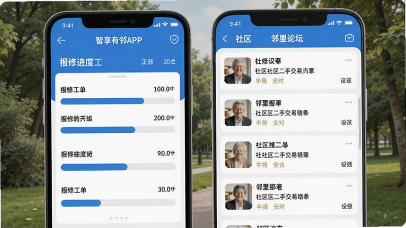 清晰展示智享有邻APP的报修工单和邻里论坛界面,左侧为报修进度条,右侧为社区二手交易列表,界面配色以蓝色和白色为主,清新自然,适配Boogu模型生成