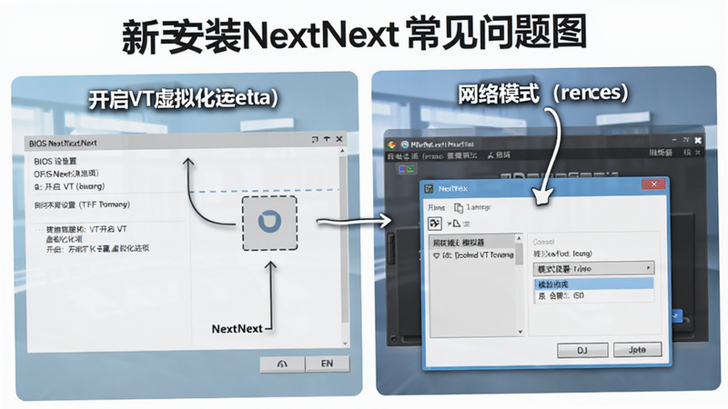 新手安装NextNext常见问题图解,展示BIOS设置界面中开启VT虚拟化选项,以及模拟器内网络模式切换窗口,画面简洁明了