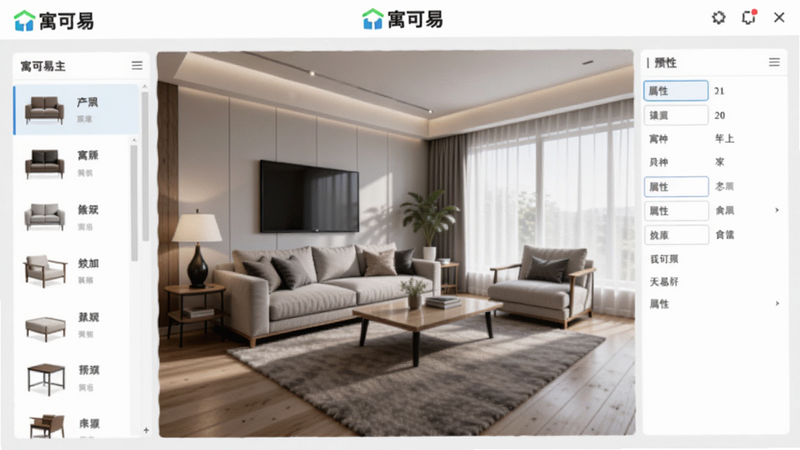 寓可易主界面预览,画面中央是一个现代风格客厅的3D渲染图,左侧是家具列表,右侧是属性面板,顶部有软件名称“寓可易”logo,背景为浅灰色,整体风格简洁明快,光线柔和。