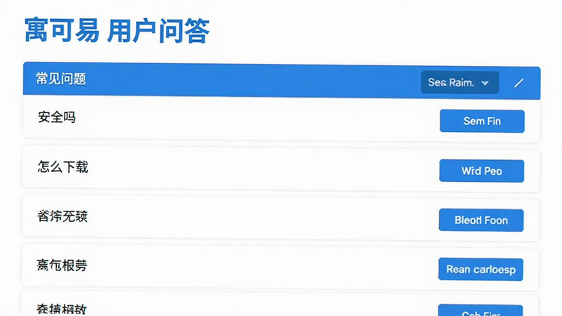 寓可易用户问答界面截图,显示常见问题列表,如“安全吗”“怎么下载”等,背景为白色,蓝色标题。