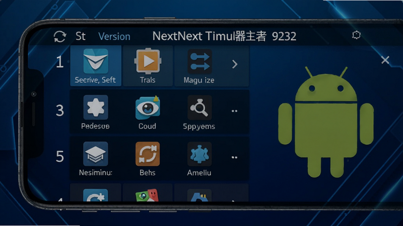 NextNext模拟器主界面截图,手机屏幕中央显示应用列表,背景为深蓝色渐变科技风格,右侧有安卓机器人图标,画面清晰明亮,突出软件名称和版本号