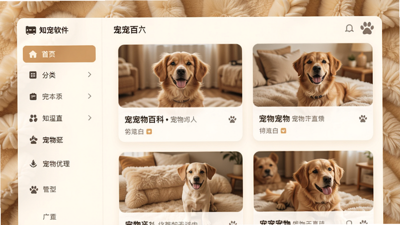 知宠软件主界面预览图,左侧是分类导航栏,右侧展示宠物百科文章卡片,背景为毛绒质感暖色调,整体风格温馨简洁