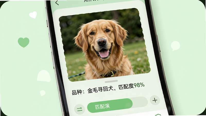 知宠APP内宠物品种鉴定功能演示,手机屏幕上显示一只金毛犬照片,下方有“品种:金毛寻回犬,匹配度98%”的识别结果,界面简洁清晰,背景为浅绿色护眼风格