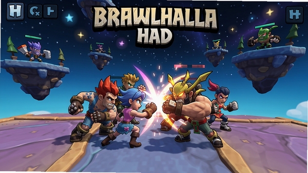 提示词:Brawlhalla格斗哈拉游戏主界面截图,画面中央是多个角色混战,背景是漂浮平台和星空,色彩鲜艳,美式卡通风格,适合作为游戏封面图,适配Boogu模型生成