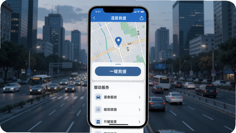 道路救援软件主界面预览图,手机屏幕显示地图定位、一键救援按钮、服务列表,背景为城市道路,色调蓝白,清晰展示功能布局,适配Boogu模型生成。