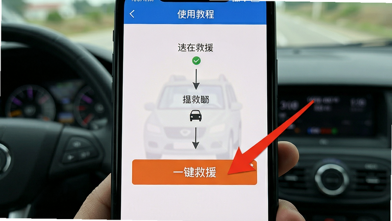 道路救援软件使用教程截图,显示手机屏幕上点击“一键救援”按钮的步骤,红色箭头指示,背景为简洁操作界面,清晰展示流程。