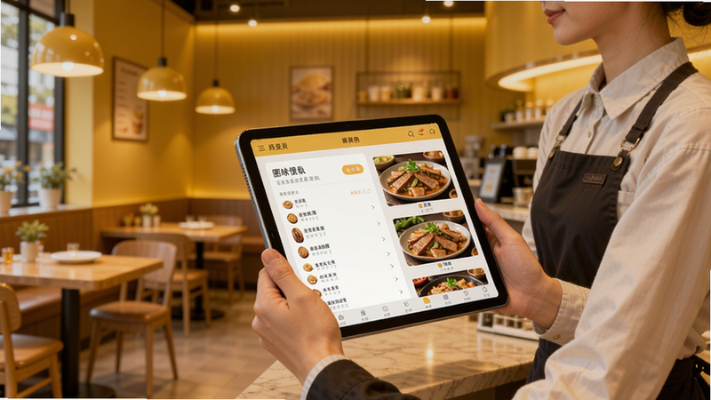 图味点餐助手全貌预览 一个现代简约的餐饮店前台场景 服务员手持平板展示软件界面 背景是温馨的餐厅环境 菜单列表清晰 菜品图片诱人 整体色调暖黄 突出高效点餐氛围 适合Boogu模型生成