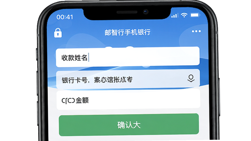 邮智行手机银行转账操作界面,显示收款人姓名、银行卡号输入框,金额区域,绿色确认按钮,顶部状态栏有安全锁图标,背景纯净,突出安全转账步骤。