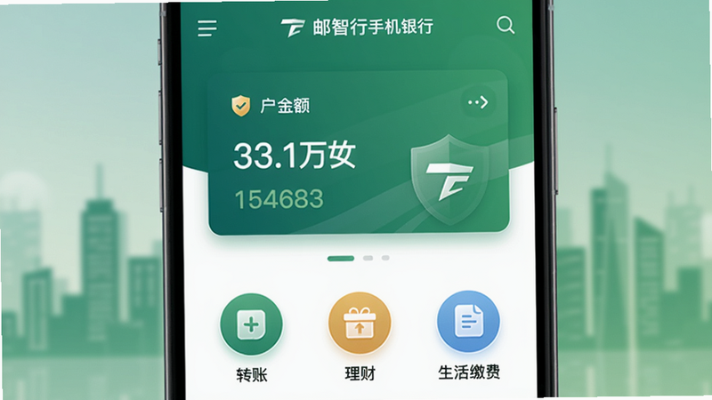 邮智行手机银行APP主界面,屏幕中央显示账户余额卡片,下方有转账、理财、生活缴费等圆形图标,背景是邮政绿色渐变,城市剪影虚化,整体风格简约现代,突出安全与便捷。