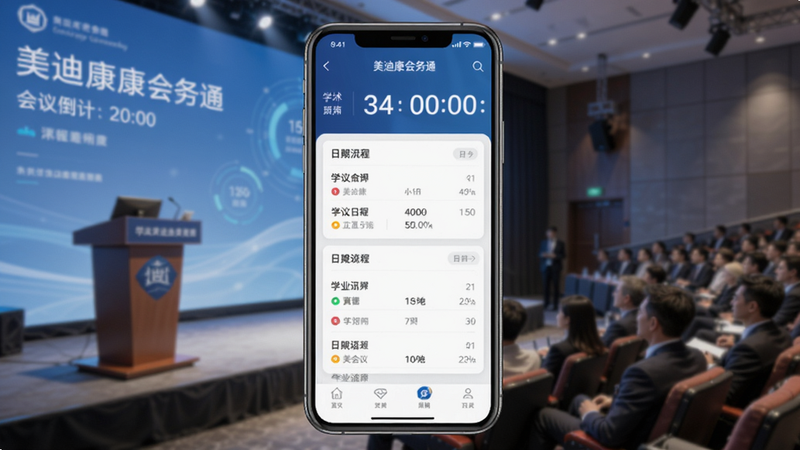 画面中央是一部手机界面,显示美迪康会务通的首页布局,顶部有会议倒计时和日程模块,背景是模糊的学术会议现场,有讲台和观众席,整体色调柔和,以蓝色和白色为主,体现专业与科技感。图片比例为16:9,细节清晰,无文字遮盖。