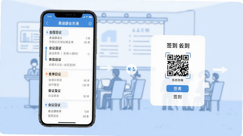 画面左侧是手机屏幕显示美迪康会务通的会议日程详情页,右侧有一个小窗口展示二维码签到界面,背景为淡蓝色会议示意图,整体风格简洁,突出操作指引。图片比例为4:3,无多余文字。