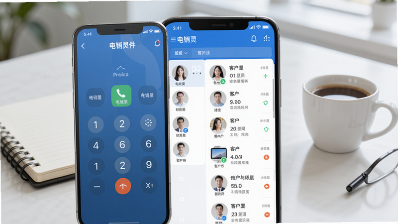 电销灵软件主界面截图,前景展示一部手机屏幕,屏幕上显示电销灵拨号盘与客户列表,背景为简约的办公桌,有笔记本和咖啡杯,整体色调以蓝色和白色为主,光线明亮清晰,突出软件的实用与专业感。