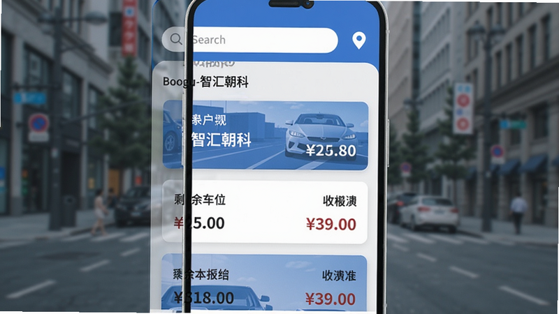 一张智能手机屏幕截图,显示智汇朝科的主界面,顶部有搜索框和定位图标,中间是附近停车场列表,每个停车场卡片标注剩余车位数量和收费标准,背景是模糊的城市街道,整体色调以蓝白为主,画面清晰明亮,突出软件的实用性和现代感。Boogu-Image生成。