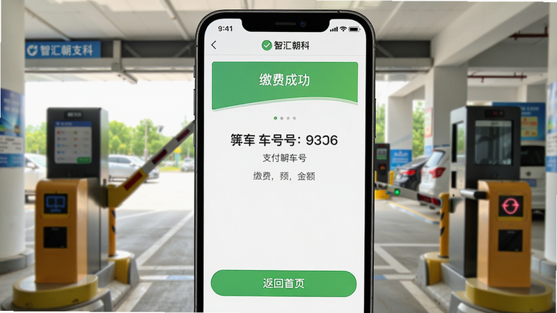一张手机截图,显示智汇朝科的支付成功页面,顶部有“缴费成功”绿色提示,中间显示车牌号和缴费金额,底部有“返回首页”按钮,背景是停车场出口道闸抬起的场景,画面颜色明亮,突出支付流程的顺畅。Boogu-Image生成。