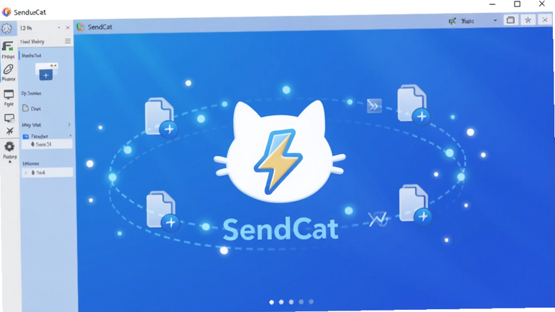 软件主界面展示,背景为渐变色科技蓝,中央漂浮着SendCat品牌标识(一个可爱的猫头剪影搭配闪电符号),周围环绕着文件传输的动画光点,整体风格干净现代,适配Boogu模型生成。
