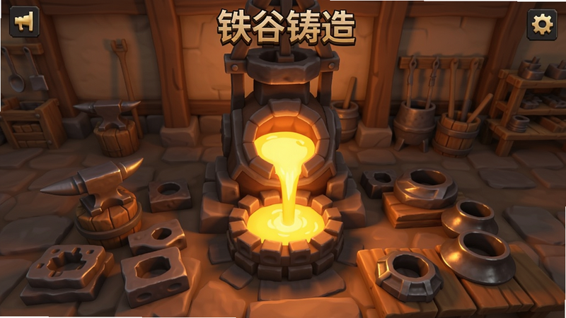 铁谷铸造游戏主界面展示,画面中心是一座正在出铁水的铸造炉,背景为古代工坊场景,有铁砧、模具和半成品铁器,整体色调温暖,火焰与金属光泽醒目,适配Boogu模型生成