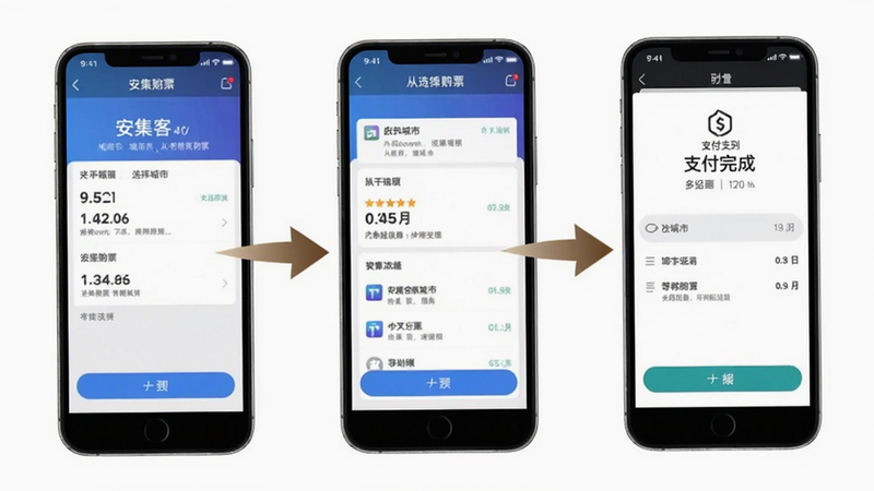 手机截图展示安集客购票步骤,从选择城市到支付完成,界面清晰,步骤箭头标注