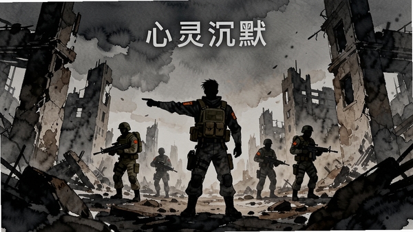 降落:心灵的沉默,游戏场景,主角在废墟中指挥小队,昏暗色调,水彩风格,标题居中