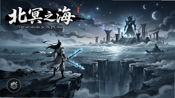 北冥之海 pc版 游戏主界面 水墨修仙风格 角色站在深渊边缘 远处有神魔遗迹 背景是浩瀚海洋与星空