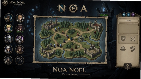 诺亚NOEL游戏主界面,画面中央是战场地图,周围有兵种图标和指令面板,背景为暗色调奇幻风格。