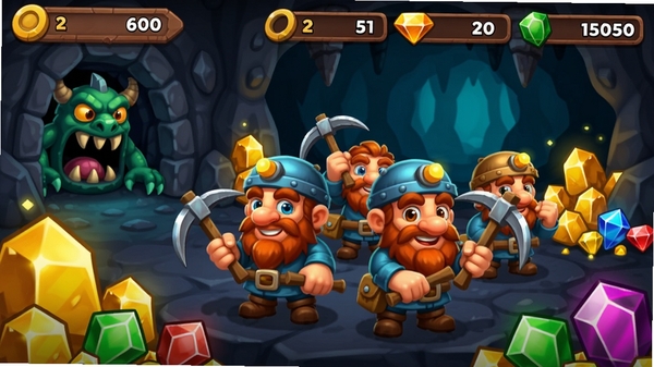 矮人矿工(Dwarflings) 卡通风格游戏截图,画面中央是几个手持镐子的矮人矿工,周围有金矿和宝石,背景是阴暗矿洞,左侧有怪物入口,UI显示资源数量,整体色彩明亮欢快,适合作为游戏封面图。