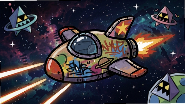 涂鸦飞船太空射击画面,主体为彩色涂鸦飞船在星云背景中发射激光,周围有几何形状敌人,画面风格童趣活泼。