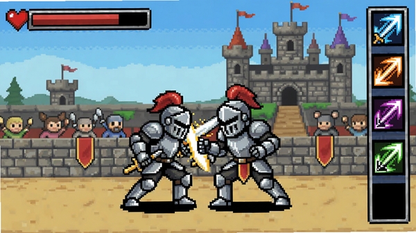Fight Knight,像素风格骑士在竞技场中,背景城堡,画面中心展示战斗动作,左上角血条,右侧技能栏