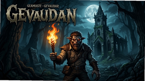 森林怪兽(Gevaudan)电脑版 游戏封面 主角手持火把站在密林深处 背景是月光下的废弃教堂 画面色调偏冷 营造恐怖氛围