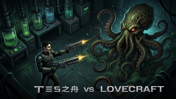 特斯拉VS爱之舟(Tesla vs Lovecraft) 游戏主界面,特斯拉手持双枪面对克苏鲁触手怪物,背景是黑暗实验室,俯视视角,画面充满科幻与恐怖元素