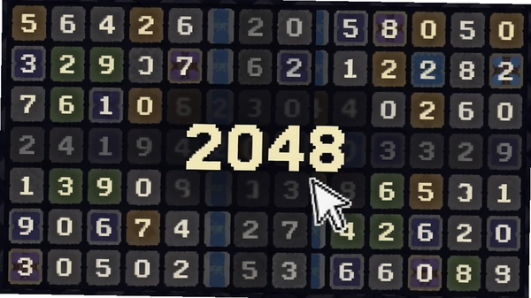 游戏主界面展示,历史2048数字方块排列,深色背景,中央显示2048目标数字,鼠标指针悬浮在方块上,适配Boogu模型