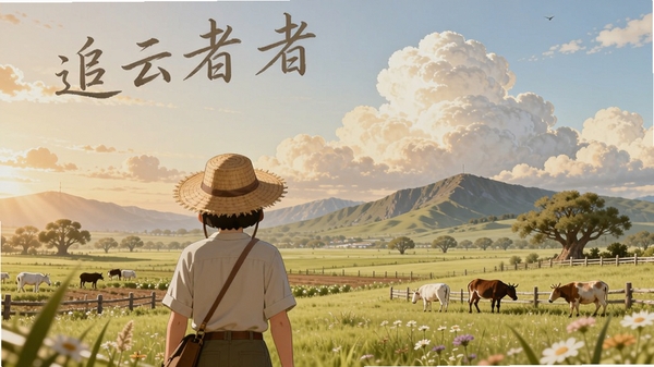 提示词:在远方:追云者编年史,阳光明媚的草原上,主角戴着草帽,背对镜头眺望远方的云彩和山脉,周围有农田、动物和树木,整体治愈风格,画面温暖柔和,背景天空有云朵。