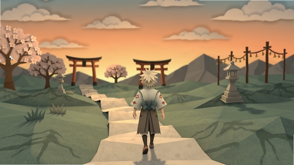 天神(Tengami)游戏,日式剪纸风格山水画,角色在折纸世界中行走,暖色调背景,远景有樱花树和鸟居,画面主体位于中央,背景为渐变天空和山脉