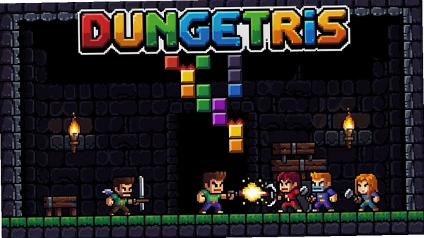 Dungetris��Ϸ�����棬���α�����������䣬��ɫ�ڵײ�ս����ɫ���������ط��