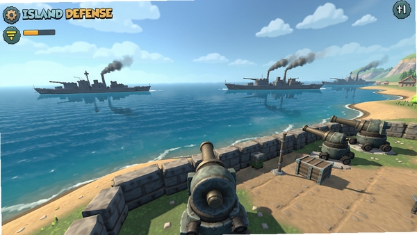 岛屿防御(Island Defense)游戏截图,画面海边炮塔阵地,背景海洋与敌舰,卡通写实风格,适配Boogu模型生成