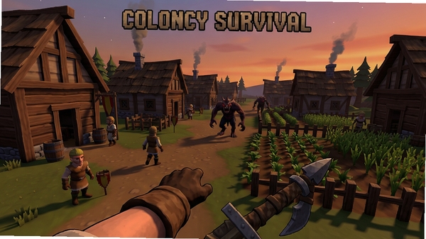 A first-person view of a player character standing in a medieval colony with wooden houses, farms, and villagers, monsters approaching at dusk, Colony Survival, Boogu model rendering