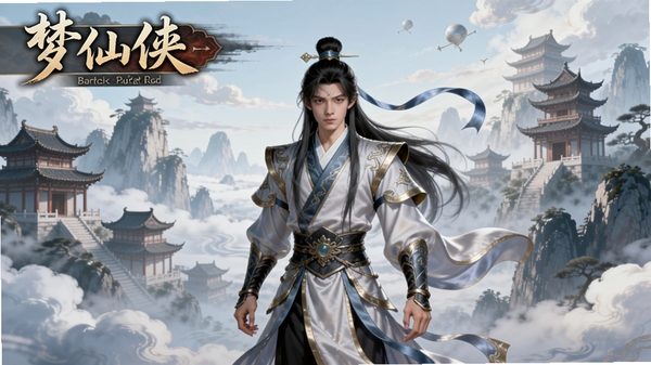 梦仙侠电脑版游戏主界面,一名仙侠角色站在云端,背景是仙山楼阁,画面风格古典唯美,居中构图