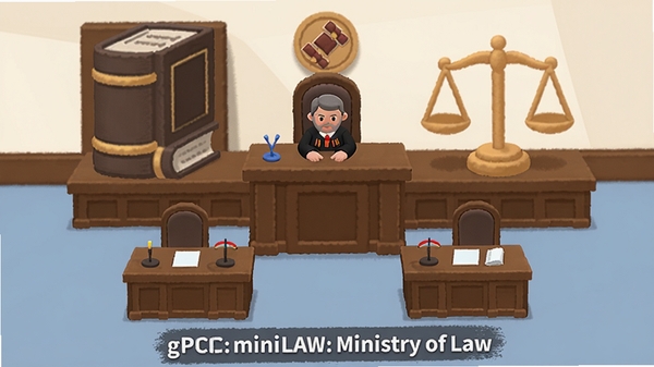 法务部(miniLAW: Ministry of Law)PC游戏,画面中央是一个法庭场景,法官席和律师桌,背景有法典和天平,适配Boogu模型生成