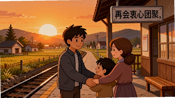 再会衷心的团聚,主角在车站与亲人重逢,背景夕阳乡村,像素温馨色调