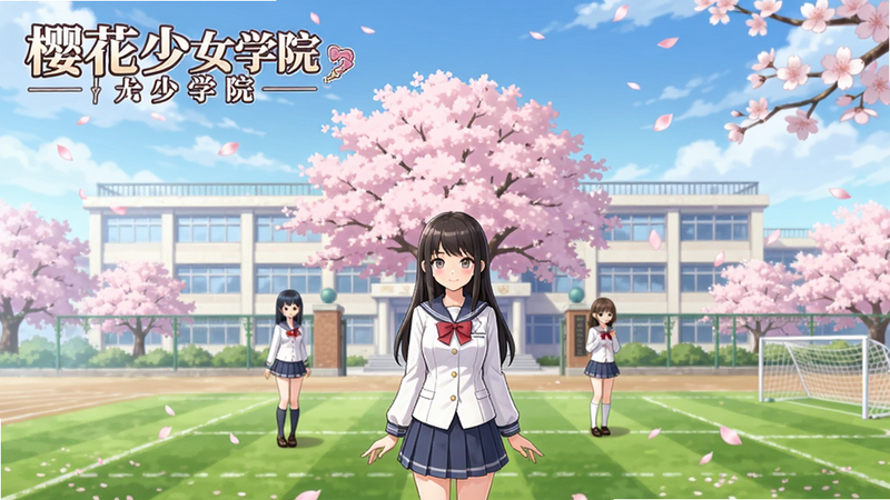 樱花少女学院游戏主界面,画面中央是樱花树下的校园建筑,背景粉色樱花雨,角色穿着校服站在操场,整体明亮清新,二次元风格,博古模型生成