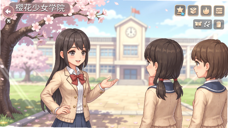 樱花少女学院游戏玩法截图,展示角色在樱花树下与同学交谈,背景教学楼,界面友好,色彩柔和,博古模型生成