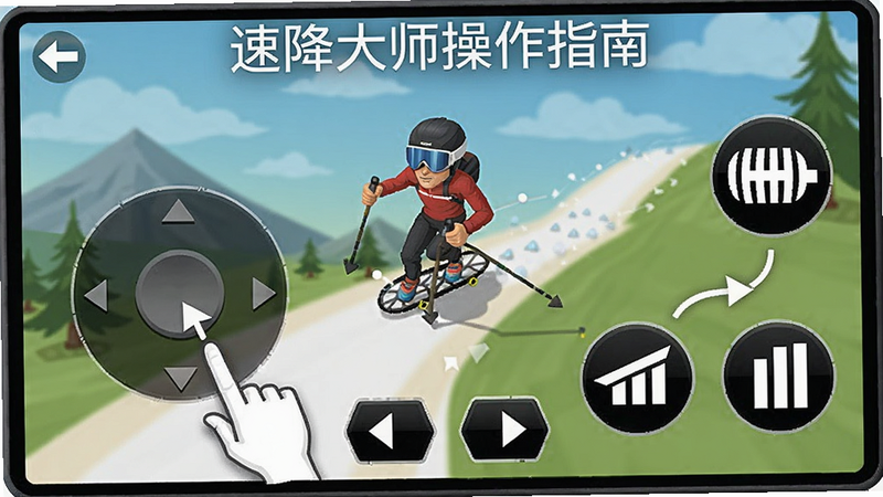 速降大师操作指南示意图,屏幕左侧显示虚拟摇杆,右侧显示刹车和加速按钮,底部有视角切换键,整体布局清晰,附带手指滑动方向指示