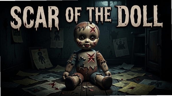 玩偶的疤痕Scar of the Doll游戏封面,一个破旧玩偶坐在黑暗房间中央,周围散落着线索,恐怖氛围,高分辨率截图