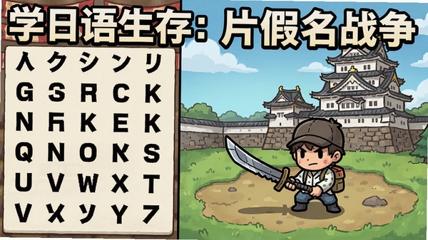 游戏主界面展示,左侧是片假名字母表,右侧是战场地图,角色手持武器,背景为日式城堡,整体风格卡通,文字清晰可见“学日语生存:片假名战争”