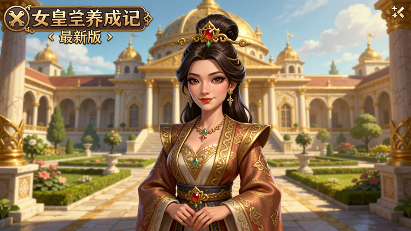 生成一张女皇养成记(最新版)游戏主界面预览图,画面中心是一位身着华丽古装的女性角色站在金碧辉煌的宫殿前,背景是宏伟的宫廷建筑和花园,色调温暖明亮,细节丰富,适配Boogu模型生成。