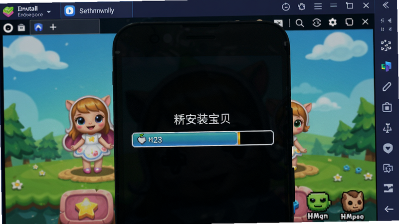 手机屏幕显示精灵宝贝游戏安装进度条,背景是一个安卓模拟器界面,展示安装过程
