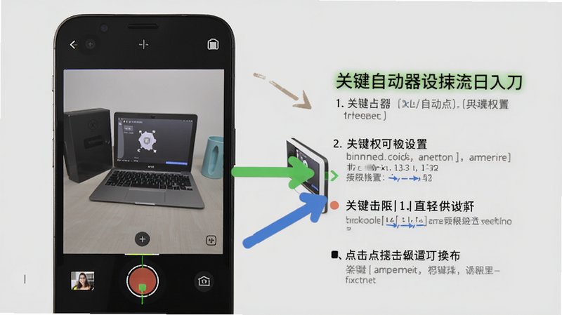自动点击滑动器的操作教程截图,左侧手机屏幕显示录制界面,右侧用箭头标注出关键权限设置入口,背景为浅灰色,整体为分步教学风格,细节清晰,适合放到教程文章中。