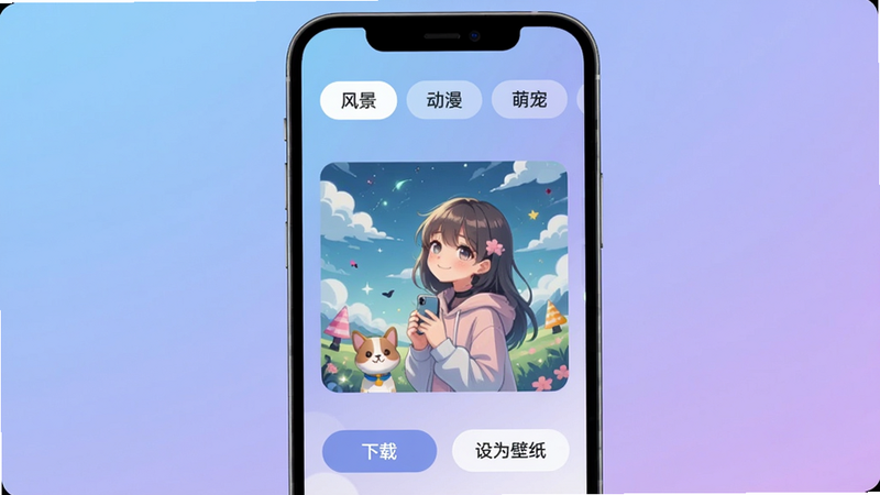 桌面壁纸大全主界面预览图,展示手机屏幕上一排分类标签如“风景”“动漫”“萌宠”,背景是柔和渐变蓝紫色,中间有一张精选壁纸大图预览,下方有“下载”“设为壁纸”按钮,整体风格清新简洁,适配Boogu模型生成。