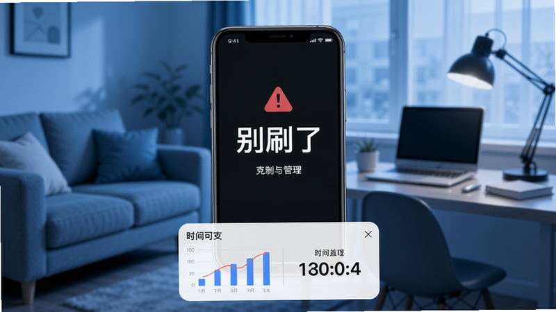 别刷了,一款专注于手机使用时间管理的黑科技应用,画面中央是一个手机屏幕显示着醒目的“别刷了”警示界面,周围环绕着模糊的日常场景如沙发、书桌,色调偏冷蓝色,突出克制与专注,手机下方有统计图表和时间倒计时,整体风格简洁现代。
